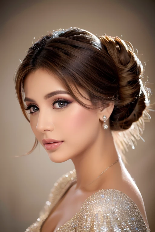 redes sociais, penteado sofisticado, flawless makeup, vestido elegante, fundo desfocado, soft-lighting, high-quality resolution.
