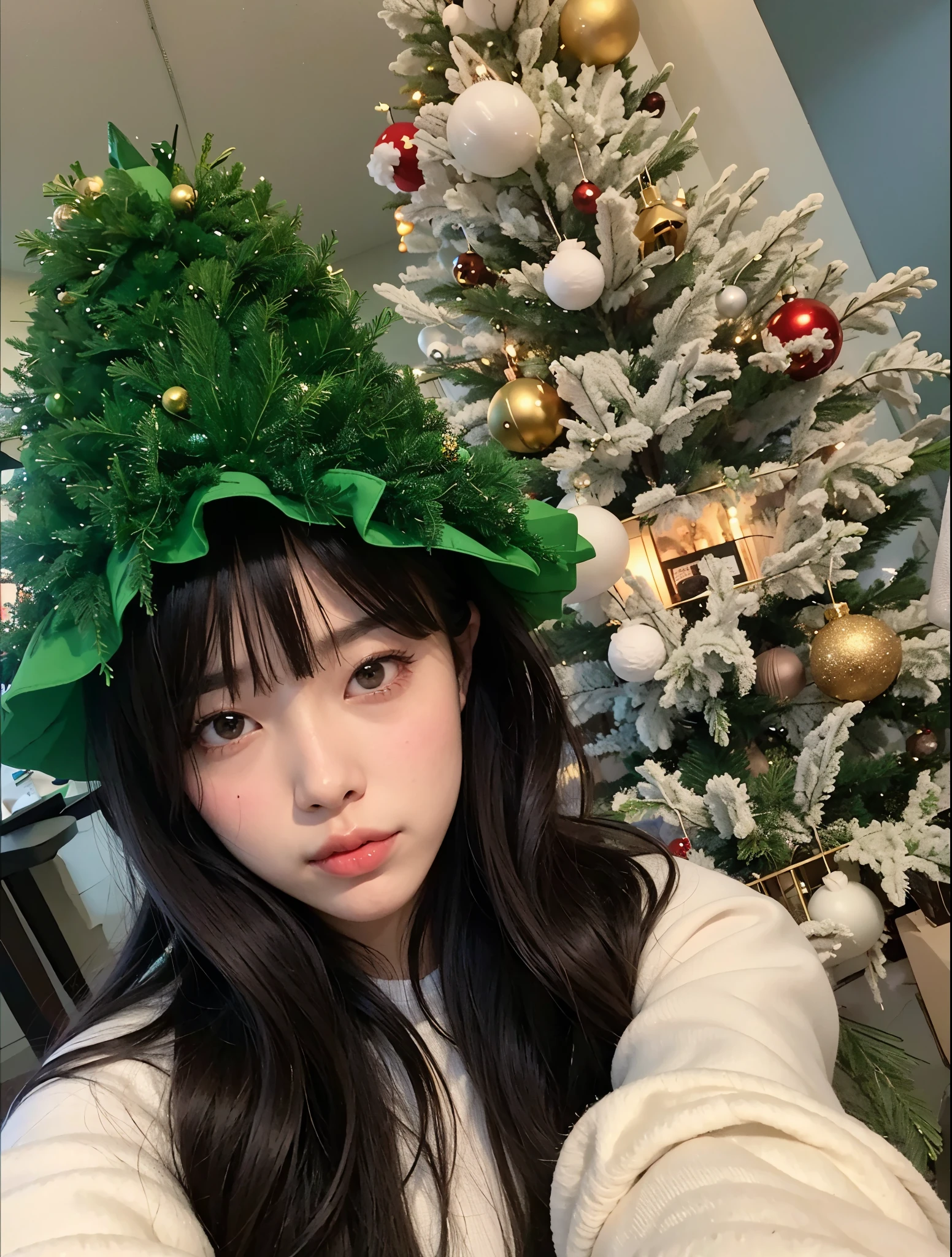 Araffe woman with a green hat in front of a Christmas tree., Chiho, Lalisa Manobal, Es shinsui, Kim Doyoung, Hermosa Delphine, Narumi Kakinouchi, with a weird hat, ulzzang, Jisoo de Blackpink, Yoshitomo Nara, Jaeyeon Nam, Sun Yunjoo