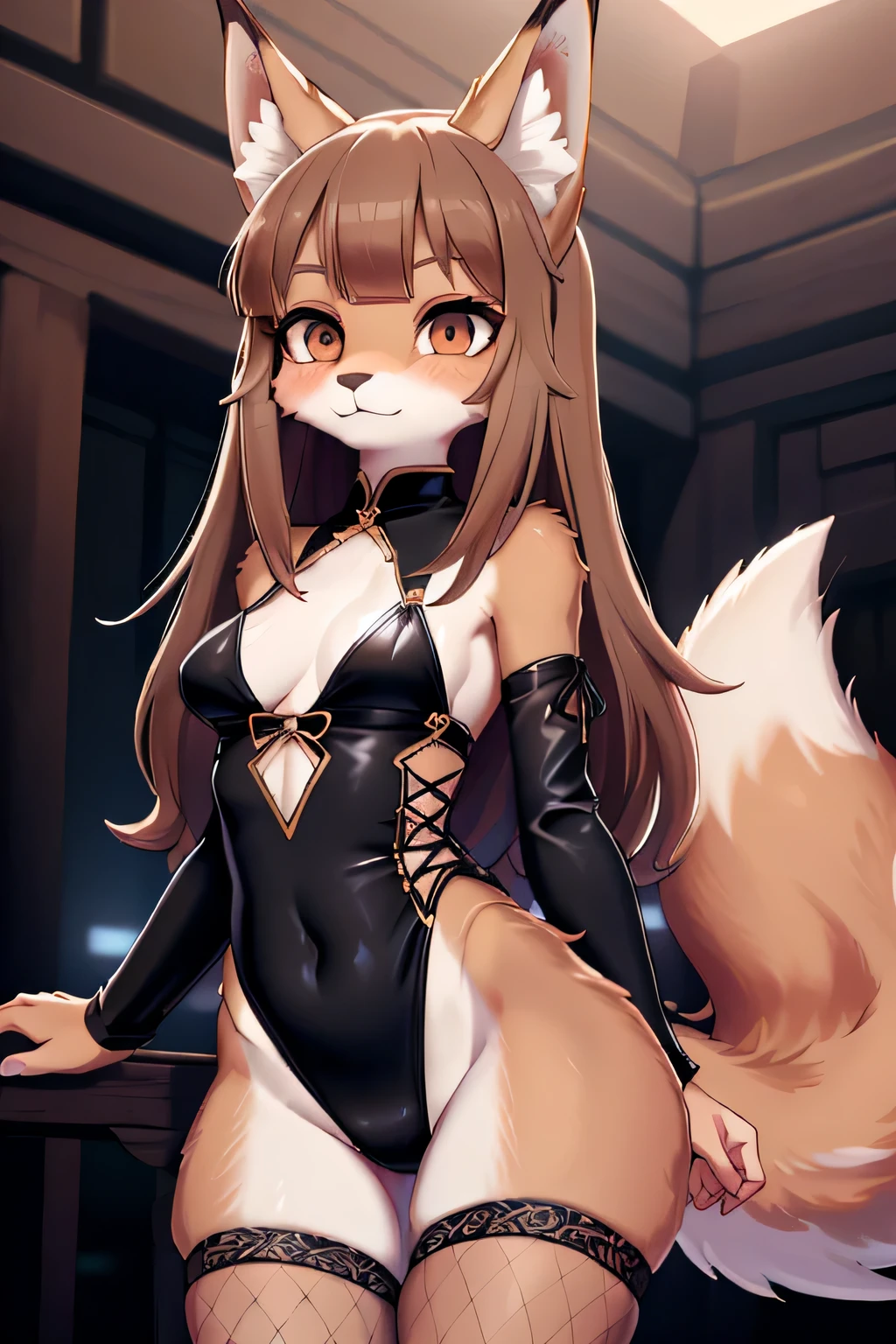 girl in a string bikini with a fox tail, female furry mini cute style, holo is a wolf girl, dress, furry brown body!!, holo if a wolf girl!!!, furry, fox tail, swimsuit, furry art!!!, small curvy loli, Camel toe is very obvious, The nipple contour is pronounced, small breast, fishnet stockings wrap the thighs, absurdly long hair, erotic, Sci-fi, (small breast), beautiful clothes , Lace, lace trims, lace clothing, lace clothing thick thighs!!, china dress,