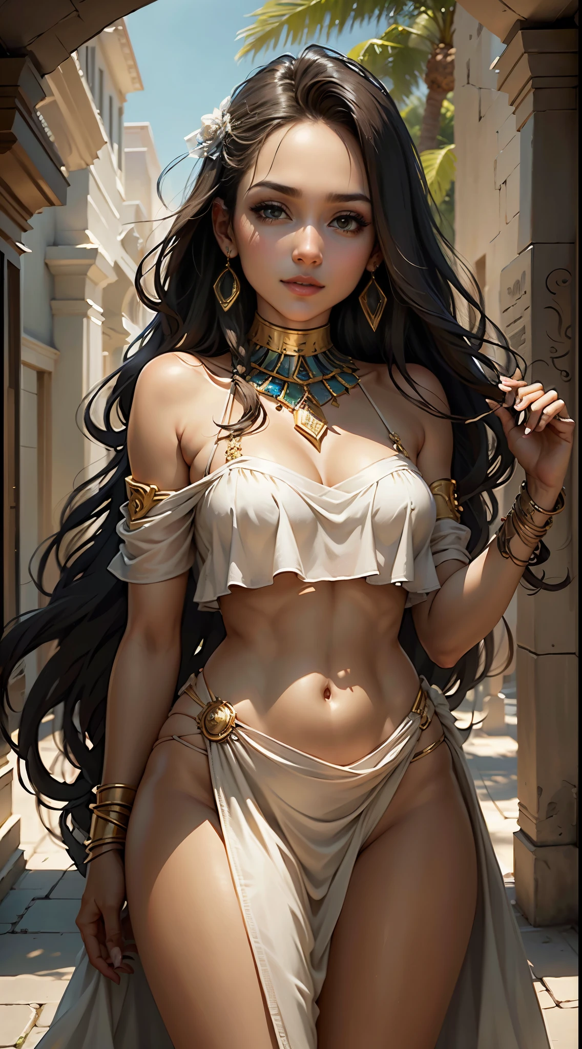 (en perspectiva) a gorgeous, sexy, sexy, caliente, 23 Year Old Perfect Straight Hair, largo de punta a punta y suelto, piel dorada sedosa (oily lighting), labios carnosos, Egyptian scarf, Jewelry and bracelets (pcalienteorealistic:pcalienteorealistic, Obra maestra 8K), con un atuendo egipcio dorado y blanco, fondo de lona negro)), (Hiperrealista:Detalles intrincados realistas), sonriente:  feature,  (Textura y ambiente bien detallados, Pure perfect lighting).
