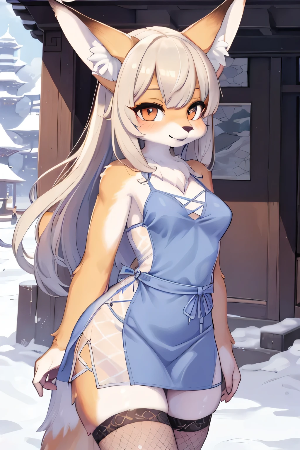 girl in a string bikini with a fox tail, female furry mini cute style, holo is a wolf girl, dress, furry brown body!!, holo if a wolf girl!!!, furry, fox tail, swimsuit, furry art!!!, small curvy loli, Camel toe is very obvious, The nipple contour is pronounced, small breast, fishnet stockings wrap the thighs, absurdly long hair, erotic, Sci-fi, (small breast), beautiful clothes , Lace, lace trims, lace clothing, lace clothing thick thighs!!, china dress,