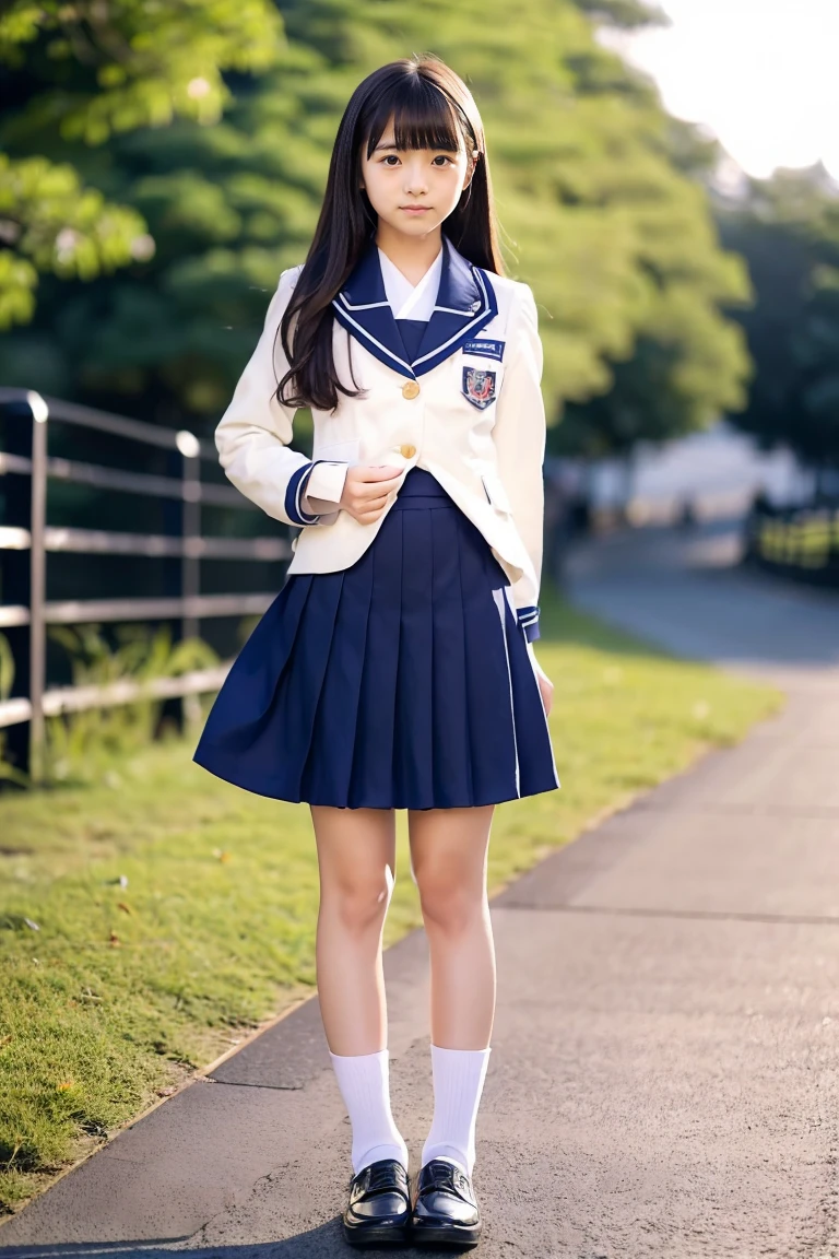 ((Two beautiful Japan girls))、Two beautiful girls、Cute same school uniform、same blazer uniform、15yo student、Wistful expression、With bangs、Tall、Straight semi-long hair、((Long skirt to hide the knees))、((Navy long skirt below knee length))、early evening、the wind、Thin leg、Standing、put strength into your body、