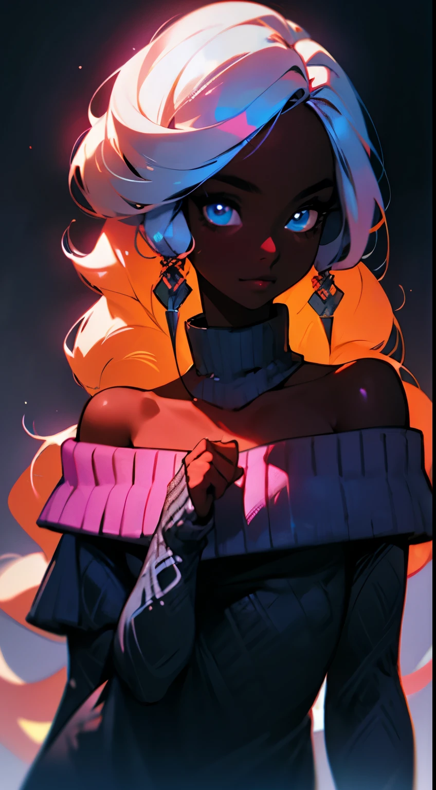 Upper body shot, ((beautiful black woman with flawless dark skin)), long hair with gradient blue glow, clearly defined facial features, big detailed eyes, ((( wearing an off the shoulder sweater))) glowing flowers in the background, masterpiece, best high quality image,96k, uhd, depth of field, 1080P wallpaper, spotlight, character focus, high quality, insanely detailed, UHD picture quality in the style of Amy Sol