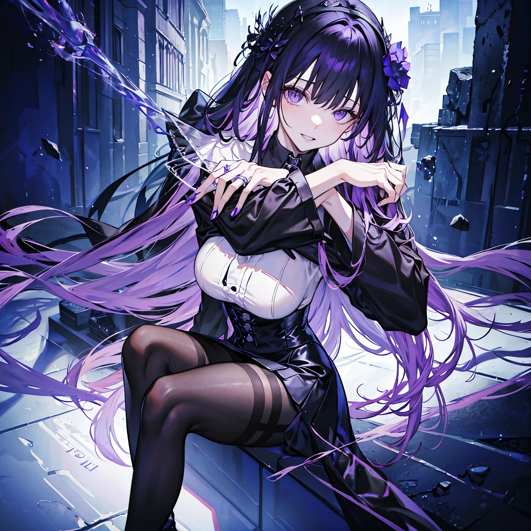 ((masterpiece,best quality)),1girl,solo,flat chest,chain, cuffs, shackles, broken_chain, collar, chained, handcuffs, barefoot,black and white hair, long_hair,metal_collar, solo, ankle_cuffs, broken, purple_eyes, very_long_hair, ball_and_chain_restraint, bound, bdsm
