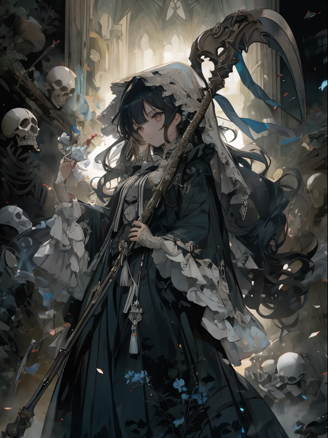 masutepiece、hight resolution、A vortex of light like a science fiction movie、Grim Reaper and Japanese Gothic ta Girl'the scythe、Delicate and accurate writing、animesque、illustratio