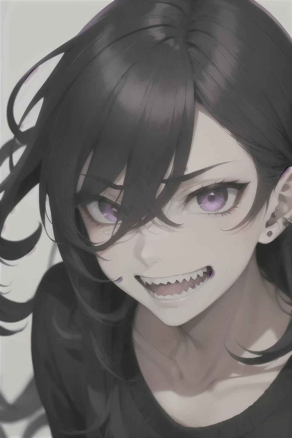 A boy with long, wavy black hair, piercing violet eyes, wearing a black sweater, gazes at the viewer with a psychotic facial expression, sporting a sinister smile and baring his teeth, against a blank white background with close up.