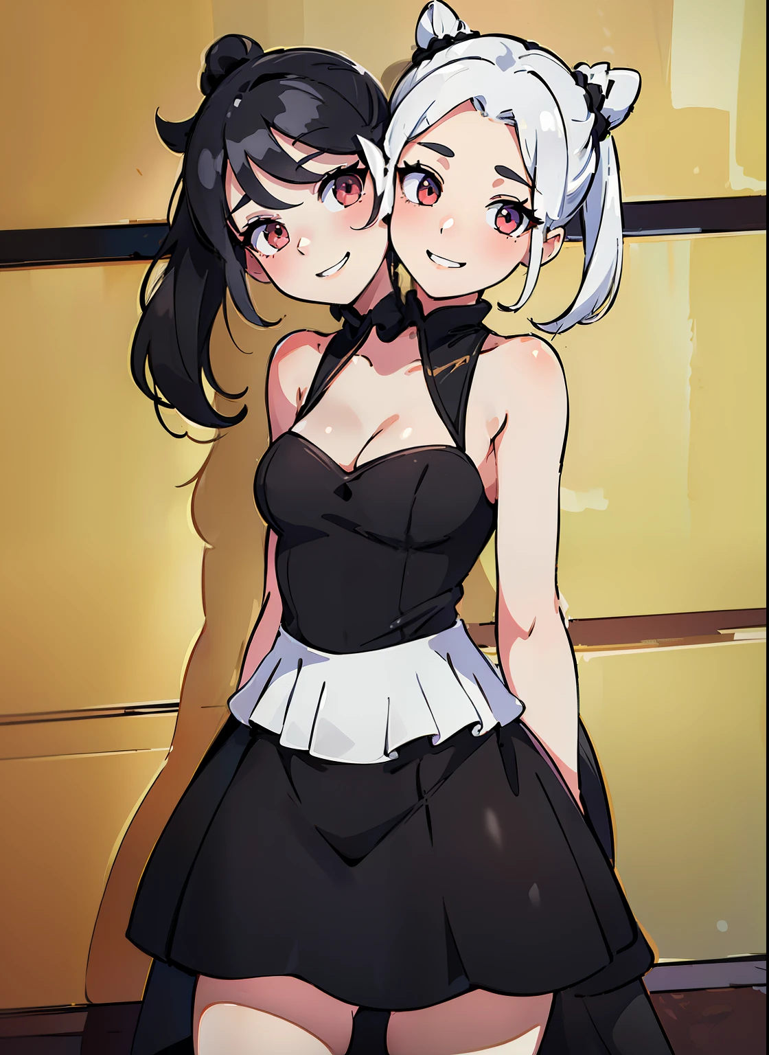 best quality, (masterpiece),(ultra-detailed), (high quality), (high resolution), (2heads:1.5) Gal, (black long ponytail hair), (white hair with twin buns), (flat chest), black dress, smiling, small breasts