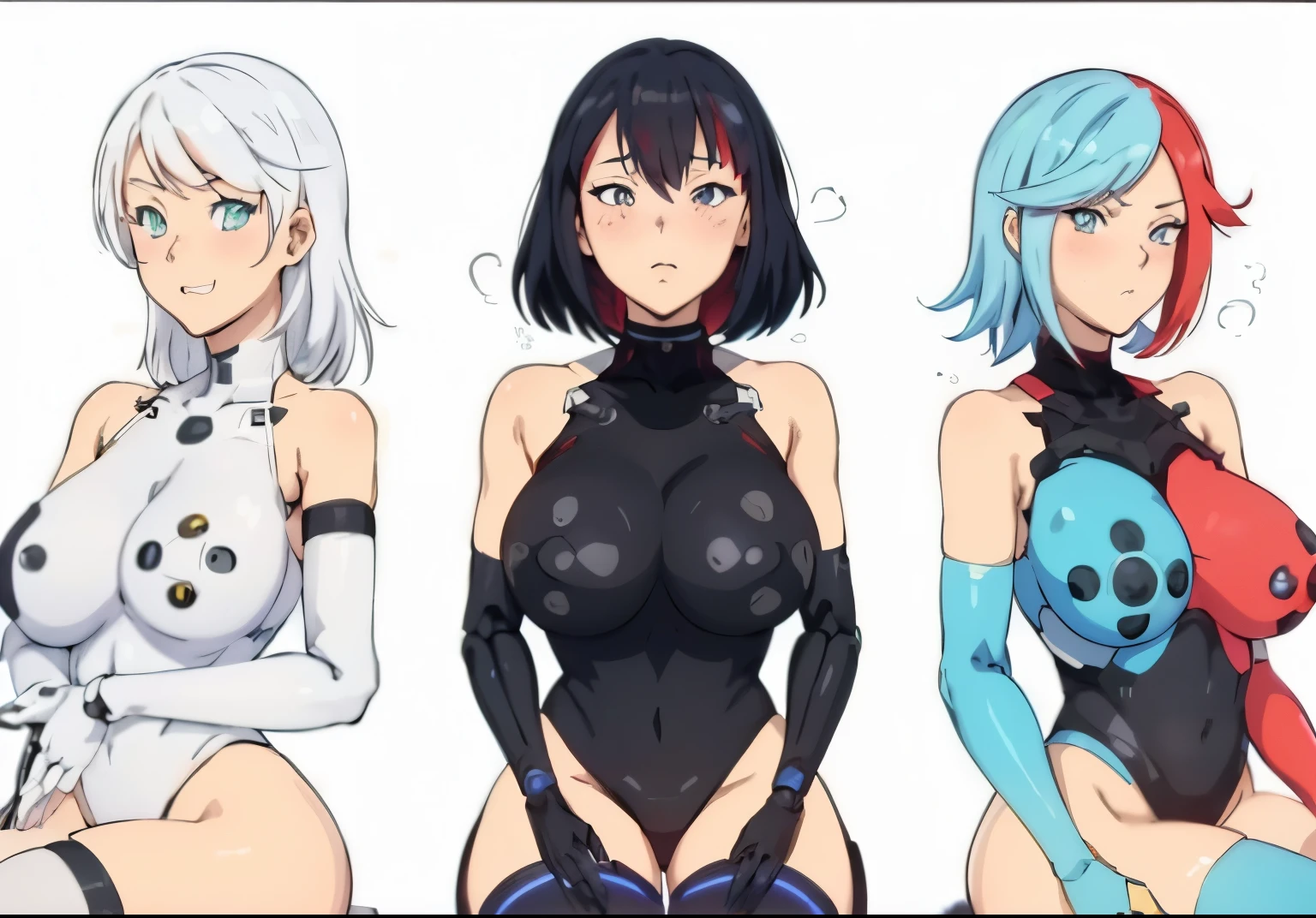 three anime girls in black and white outfits with red and blue hair, anime girls, perfect android girl family, oppai cyberpunk, thicc, ecchi anime style, biomechanical oppai, ecchi style, oppai proportions, perfect android girl, ecchi, anime character art, gynoid body, oppai, nier inspired, style anime, anime waifu