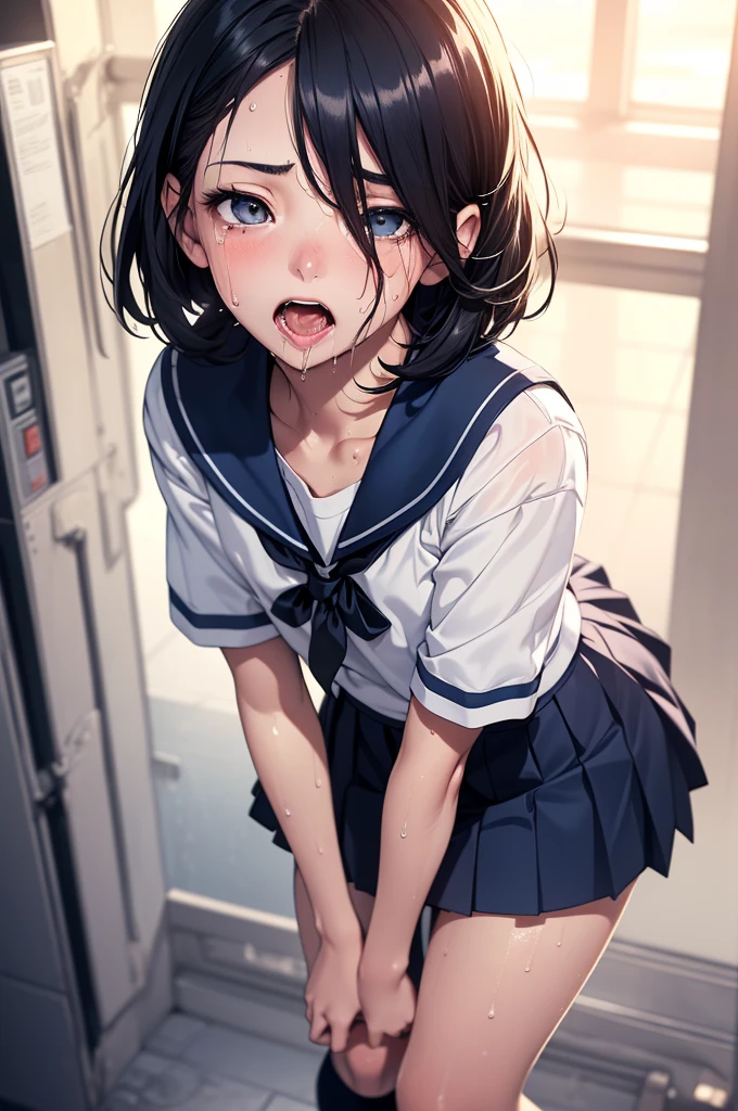 (Photorealistic:1.5), (masterpiece、Highly detailed 8K CG、Sharp lines:1.2)、hi-school girl、A dark-haired、White panties、thighs thighs thighs thighs、Beautiful anime schoolgirl、Smooth Anime CG Art、Beautiful anime schoolgirl、Beautiful anime girl, 19-year-old beautiful girl, Detailed skin, gleaming skin、short-hair、Beautiful black hair、blue Eye、(many streaming sweat:1.6), smile, (flat chest:1.7), (Muscular thighs:1.6), (gaunt:1.6), (student clothes:1.2), (a sailor suit:1.2), (Dark blue pleated skirt:1.5), (full body:1.2), wet, solo, (one girl:1.4), (falling flat:1.5), from front , (from below:1.3), Inside the classroom, blush, (anguish:1.3), spread legs, (open mouth:1.2), (Clear drool overflows her mouth and drips from her chin:1.5), (Crossing her eyes:2.0), (upturned eyes:1.8),(closed eyes:1.1), (She's properly clothed:1.2)