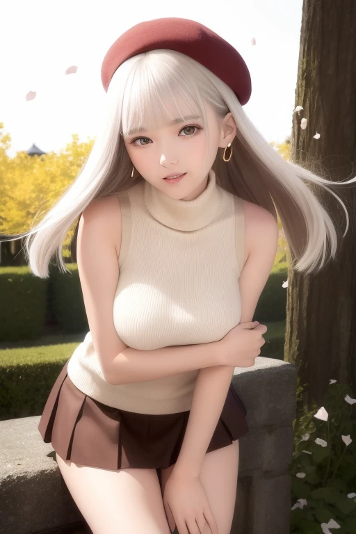 (Short flowy haircut) ,(((chestnut brown eye colour))), cute medium side bangs, (((white hair))), blooming cherry tree at the center of the background, ultra detailed, young Japanese woman , wearing simple earrings and necklace, ((wearing thigh strap)), beautiful face, ((wearing a sleeveless turtleneck cotton sweater)), ((waist-high pleated skirt)), ((hair flowing beautifully in the wind)) , perfect smooth legs, (((knees pointing inwards))), (((contrast rich rim lighting from both sides))) , ((very short red finger nail polish)), (laced up boots) , (realistic eyes) , (firm large sized breasts) , thick calves, correct anatomy, tony taka art style, (cherry petals flying in the air by a soft breeze),ultra wide angle view, ((cinematic depth of field)), bokeh particles, (((crossed arms))), (cute smiling face), (((leaning forwards))), wearing a cute beret with a cute bow, soft lips, perfect teeth