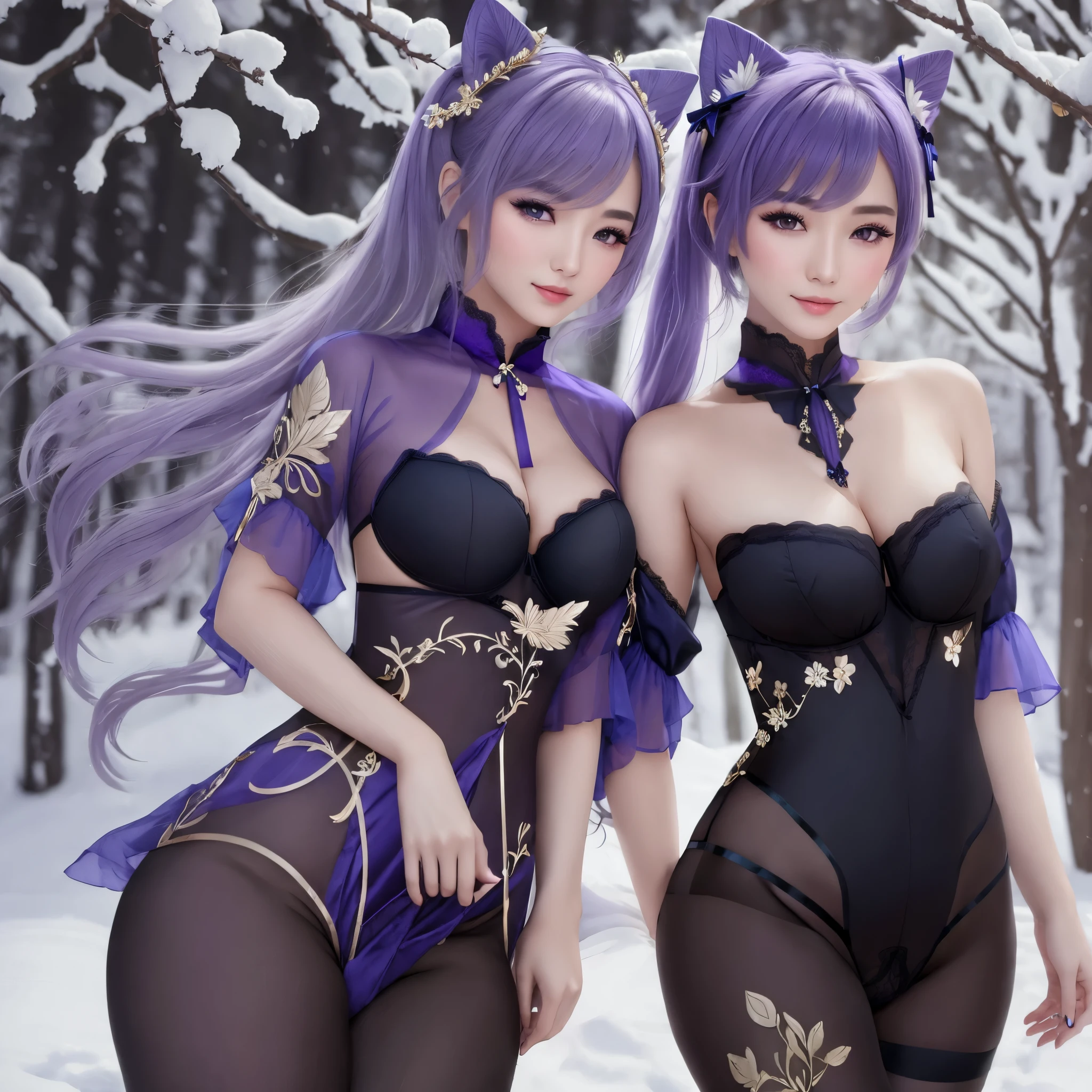 (Best Quality, 8K, Masterpiece, Ultra HD: 1.3, Ultra quality cinematic lighting, Huge detail, Well lit, Real Skin), traditional beauty, gorgeous chinese model, draped in purple and blue silk, with beautiful exoticism, long purple hair, violet eyes, cat ears on top of head, (short black pubic hair:1.2), (dark red nipples:1.2), (no panties:1.4), (no lingerie:1.4), soft, a fluffy, scenery, snowy