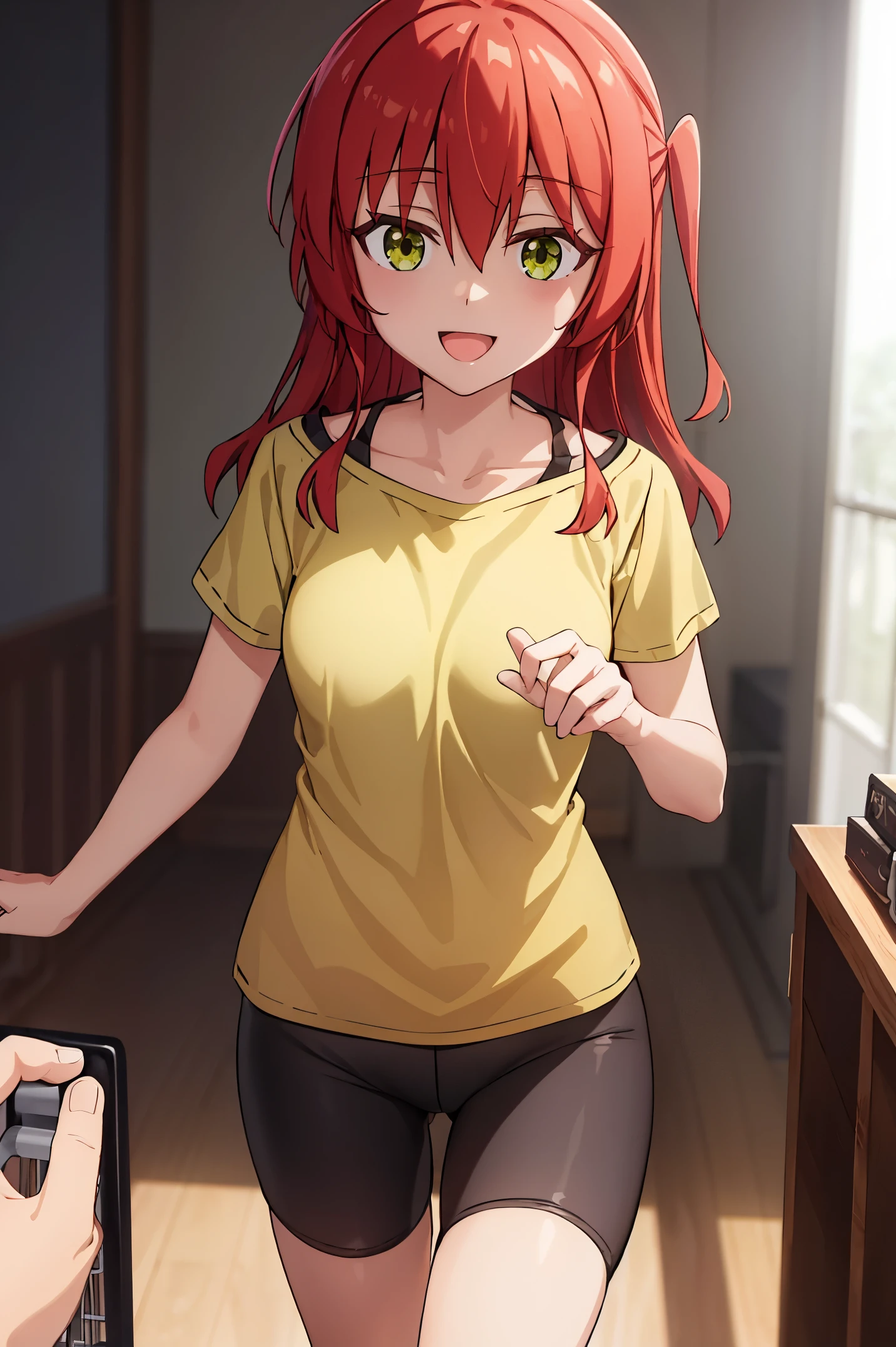 Room, 1 girl, best quality, ultra high res, long hair, red hair, green eyes, looking at viewers, small breast, standing, pov, slim body, **** body, small body, smile, open mouth, yellow shirt, short sleeves, bike shorts,