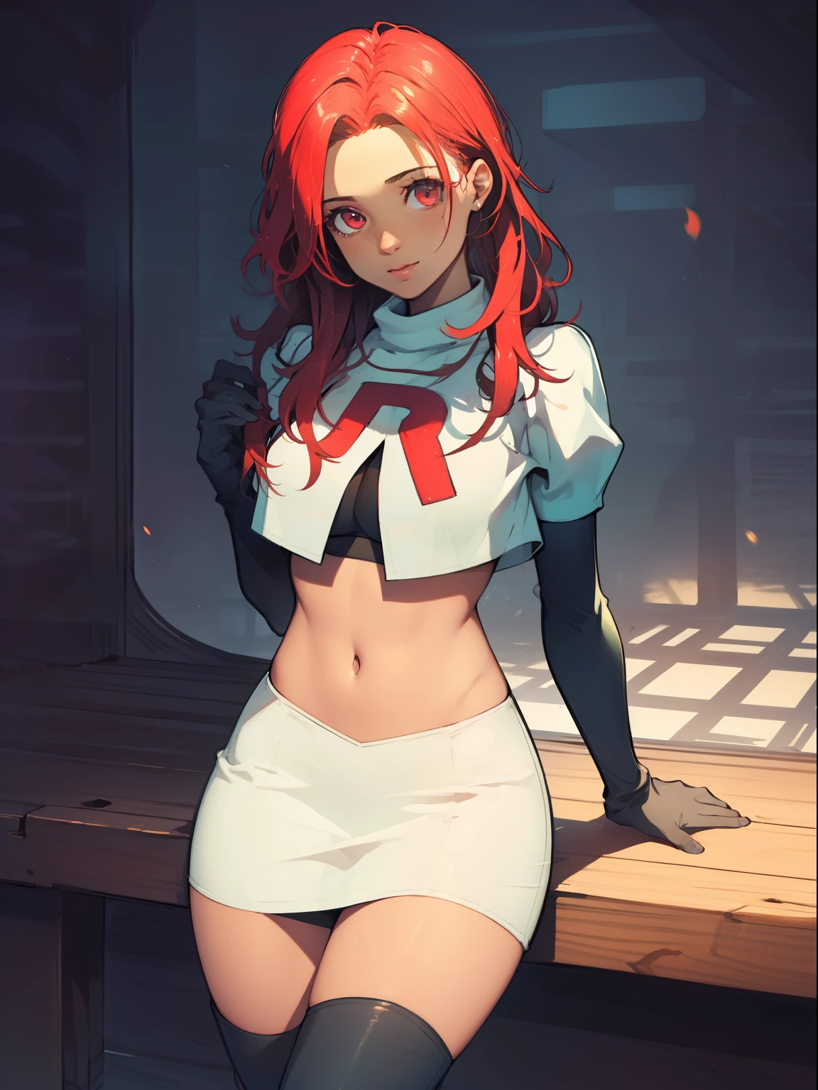 defHapi, team rocket, team rocket uniform, red letter R, white skirt, white crop top, black thigh-high boots, black elbow gloves, looking at viewer,