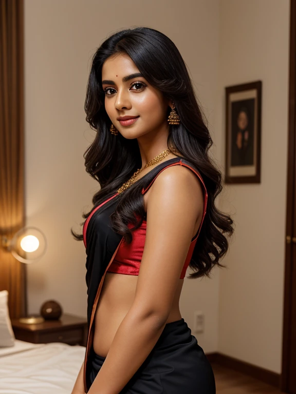 hyper realistic portrait of a beautiful Tamil girl with (round face, large eyes, button nose, glossy lips, shining thick black long hair), (bright smile:0.9), jaw dropping beauty, heavenly beauty, breath taking beauty, eyes symmetry, face symmetry, look at viewer, (wearing:1.6 chiffon saree, blouse, petticoat, wrist watch), (lighting:1.6 cinematic filmy dramatic digital rim), inside bedroom, full body shot from long, perfection to the core, octane rendering, vibrant colors, beautiful lighting, ornate detailing of the place, maximize objects in the place, zepto-pixel detailing of the background, yotta-pixel image, yocto-pixel detailing