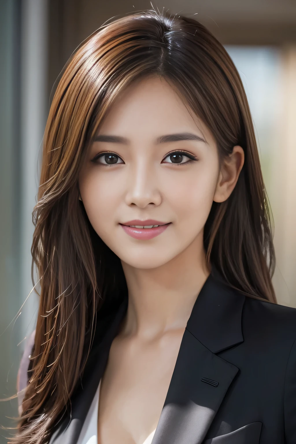masutepiece, Best Quality, Photorealistic, Ultra-detailed, finely detail, High resolution, 8K Wallpaper, 1 beautiful woman,, light brown messy hair, in a business suit, foco nítido, Perfect dynamic composition, Beautiful detailed eyes, detailed hairs, Detailed realistic skin texture, Smiling, Close-up portrait, Model body type