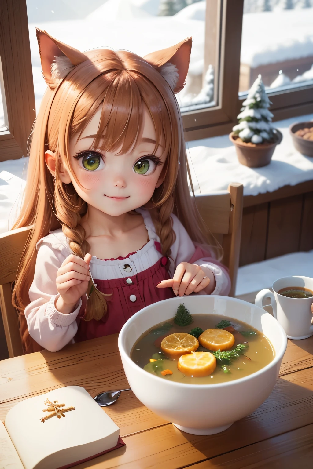 The highest image quality, fairy tale world, happy and adorable smile, Chibi, Small characters, Super Deformed, large head and small body, a very pretty girl, long chestnut hair, surprisingly very, very large green glowing eyes, Drinking delicious potage soup,Christmas chicken and cake on the table, big Christmas tree and illuminations, Snow outside the window,