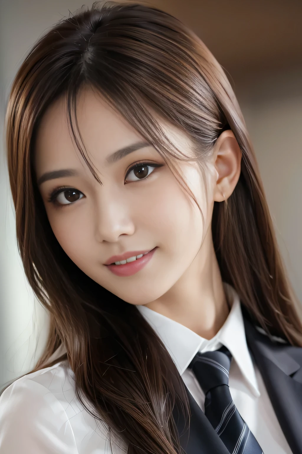 masutepiece, Best Quality, Photorealistic, Ultra-detailed, finely detail, High resolution, 8K Wallpaper, 1 beautiful woman,, light brown messy hair, in a business suit, foco nítido, Perfect dynamic composition, Beautiful detailed eyes, detailed hairs, Detailed realistic skin texture, Smiling, Close-up portrait, Model body type