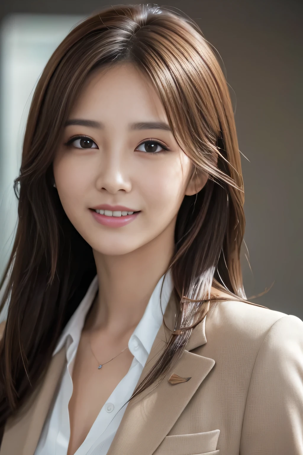 masutepiece, Best Quality, Photorealistic, Ultra-detailed, finely detail, High resolution, 8K Wallpaper, 1 beautiful woman,, light brown messy hair, in a business suit, foco nítido, Perfect dynamic composition, Beautiful detailed eyes, detailed hairs, Detailed realistic skin texture, Smiling, Close-up portrait, Model body type