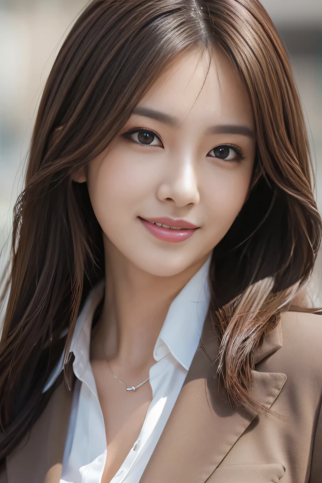 masutepiece, Best Quality, Photorealistic, Ultra-detailed, finely detail, High resolution, 8K Wallpaper, 1 beautiful woman,, light brown messy hair, in a business suit, foco nítido, Perfect dynamic composition, Beautiful detailed eyes, detailed hairs, Detailed realistic skin texture, Smiling, Close-up portrait, Model body type