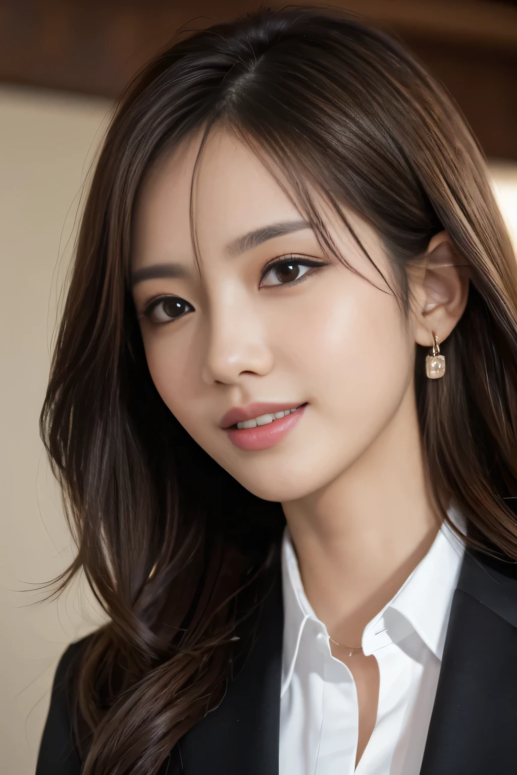 masutepiece, Best Quality, Photorealistic, Ultra-detailed, finely detail, High resolution, 8K Wallpaper, 1 beautiful woman,, light brown messy hair, in a business suit, foco nítido, Perfect dynamic composition, Beautiful detailed eyes, detailed hairs, Detailed realistic skin texture, Smiling, Close-up portrait, Model body type