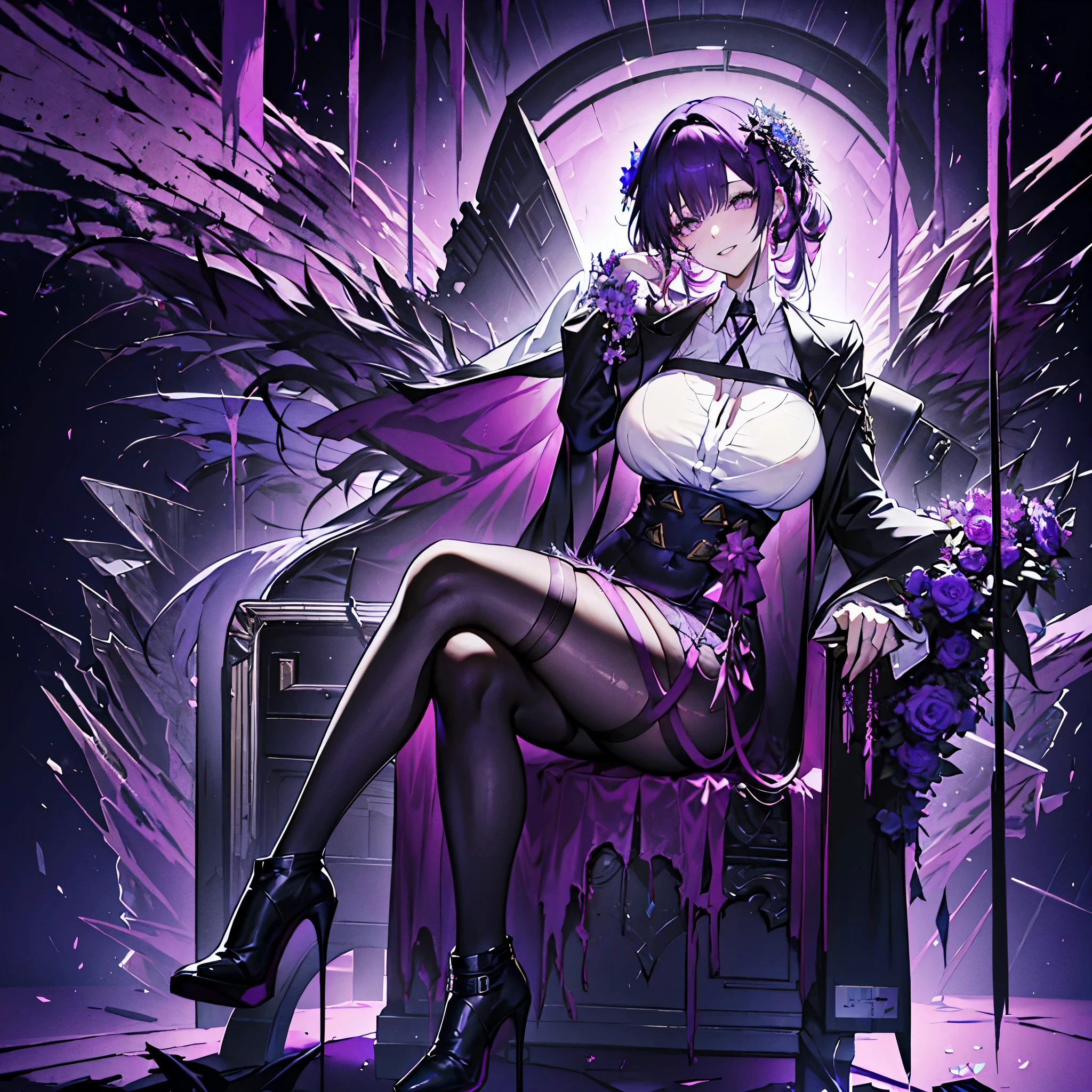 Highest resolution, 8k, ultra detailed outfit, ultra detailed digital illustration, trending on pixiv, 1 girl, solo, mature woman, dark purple hair with silver tips, large breasts, black eyes, black veil, saw-tooth teeth, jagged teeth, elegant blue blazer, white blouse, deep V-neck, (black stockings, black pantyhose, black boots), (black and purple flowers as hair accessories, black and purple flowers), crossed legs, sexy pose, milf, sitting on a chair, aberrant colours, barren lands as background, colour scheme of background is purple and blue, light grin, evil aura, curvy waist, long skirt