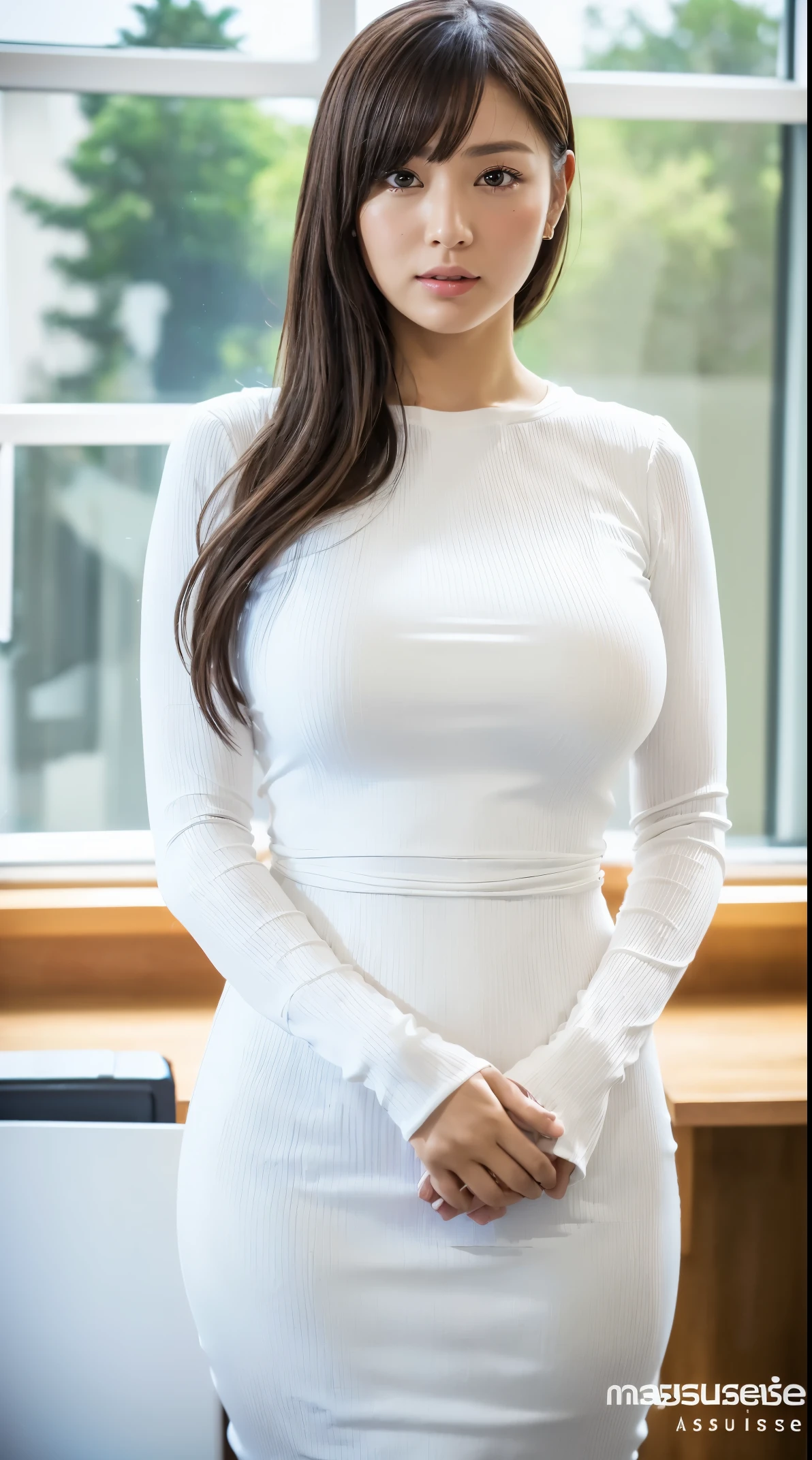 (masutepiece,High quality:1.3),(depth of fields:1.3) ,((front body:1.35)), Japanese ,woman, no makeup,Super detailed hand,standard height, (White Long Sleeve Round neck Maxi Tight Dress:1.2), (huge breasts:1.2), thicc, curvy,(Looking at Viewer:1.3),(full body:1.2),Inside the office by the window