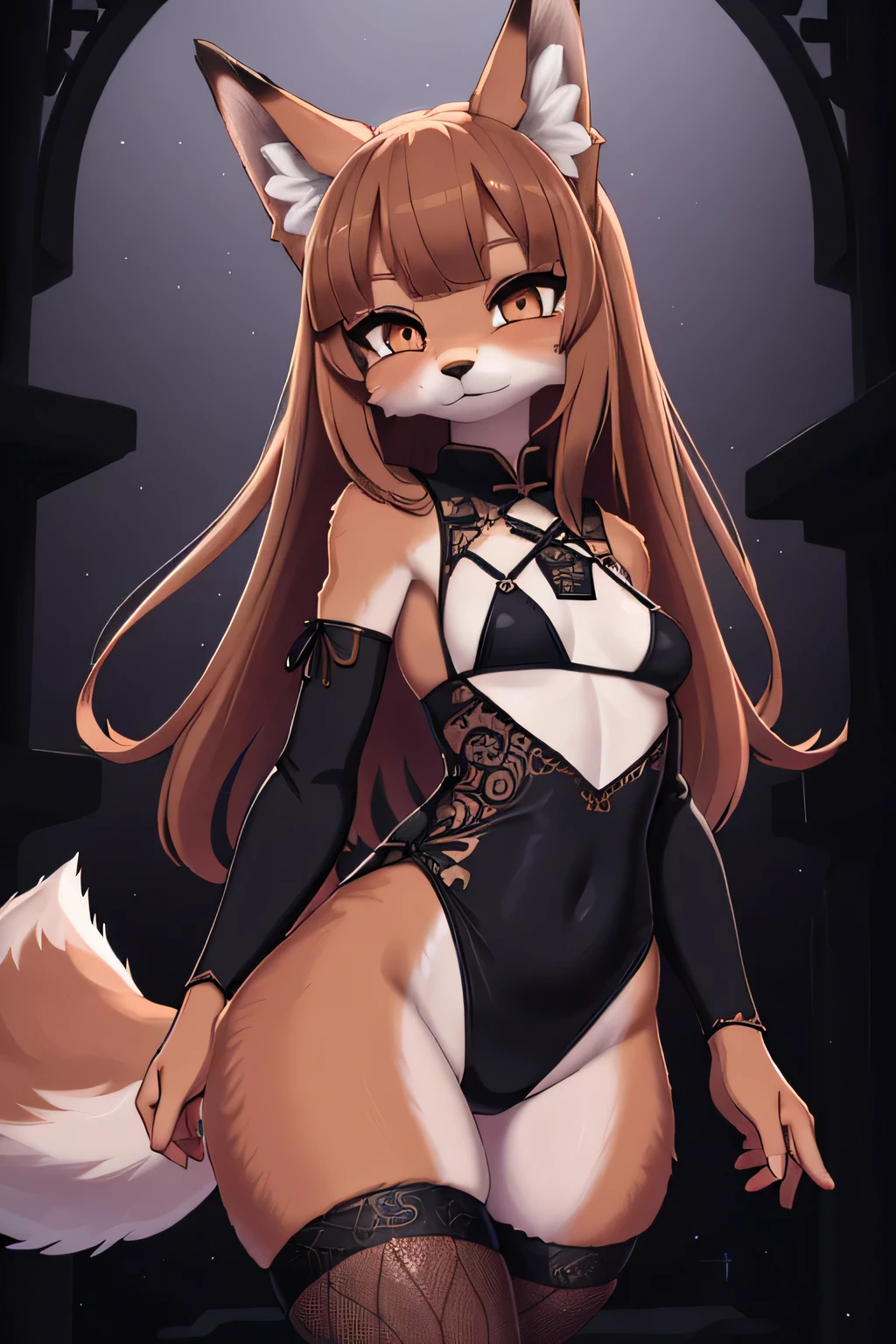 girl in a string bikini with a fox tail, female furry mini cute style, holo is a wolf girl, dress, furry brown body!!, holo if a wolf girl!!!, furry, fox tail, swimsuit, furry art!!!, small curvy , Camel toe is very obvious, The nipple contour is pronounced, small breast, fishnet stockings wrap the thighs, absurdly long hair, erotic, Sci-fi, (small breast), beautiful clothes , Lace, lace trims, lace clothing, lace clothing thick thighs!!, china dress,