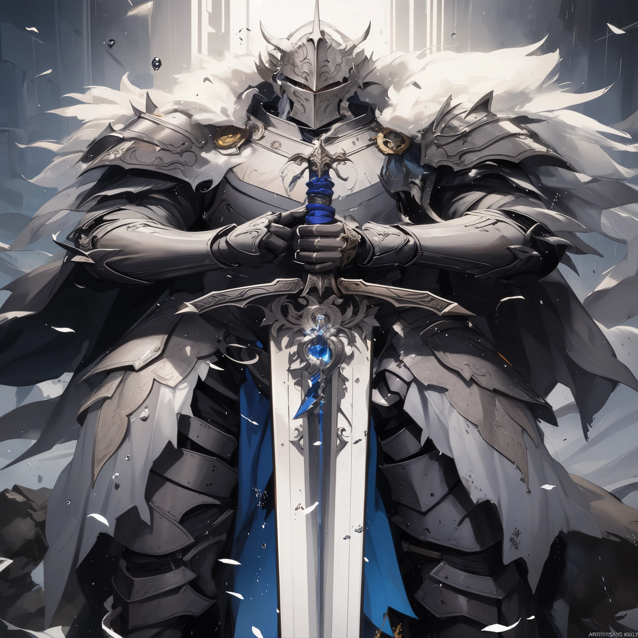 a man in armor holding a sword standing in the rain, [ trending on cgsociety ]!!, fantasy paladin, best of artstation, by Yang J, male paladin, a human male paladin, devianart and cgsociety, arthas, fantasy knight, high detailed official artwork, highly detailed exquisite fanart, Artstation, great character design