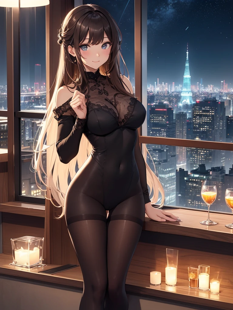 top-quality、Top image quality、masterpiece、Angle seen from the side、beautiful gothic woman((20yr old、Best Bust、big bast、Bust 90,Beautiful long hair、A slender、a closeup、Esbian、Beautiful underwear、hiquality、Beautiful Art、Luxury hotel in the city、masutepiece、visualart、depth of fields、、、🎵、Happy smile、、、Beautiful legs that are gentle on the skin、、Number of fingers to achieve precise finger movements、nffsw、nffsw、Kime Pose!Brown hair、、her clothes are black underwear、Feet in black stockings、How about?seductiv、Spread the legitimate starry sky out to the window、beautiful night scene、Sexy mood、Sexy Night.nffsw、Skin-tight sexy leggings and black stockings、Standing in front of the night view of the city covered entirely in glass