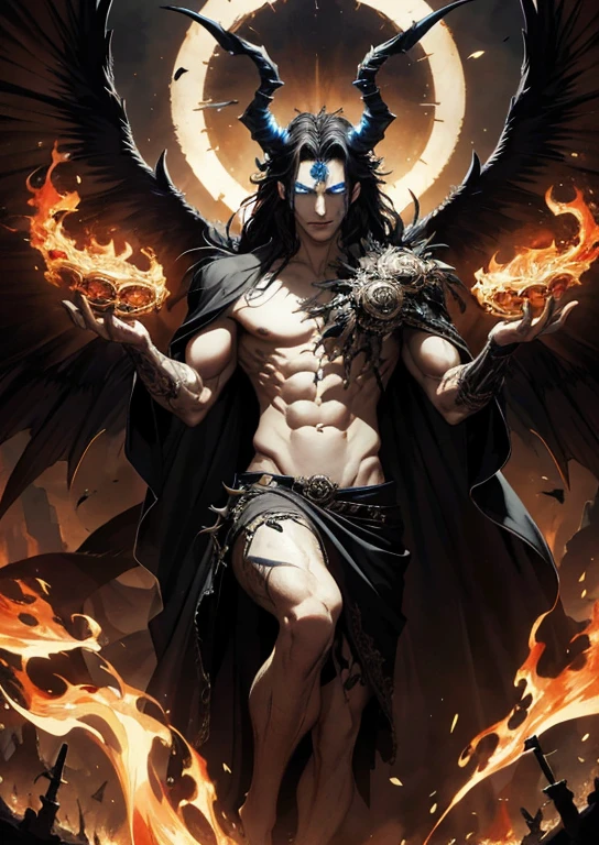 8k, complex, elegant, highly detailed, majestic, digital photography, surrealist painting, beating magic, hellscape, skull throne, (masterpiece, side light, fine beautiful eyes: 1.2), HDR, (glowing eyes), naked body, robe, demonic tattoos, black hair, muscles, tan skin, flaming crown, horns, handsome, facing the camera, full body, floating, masculine, masterpiece, (21 years old, mature face), hades, Lucifer, prince of darkness