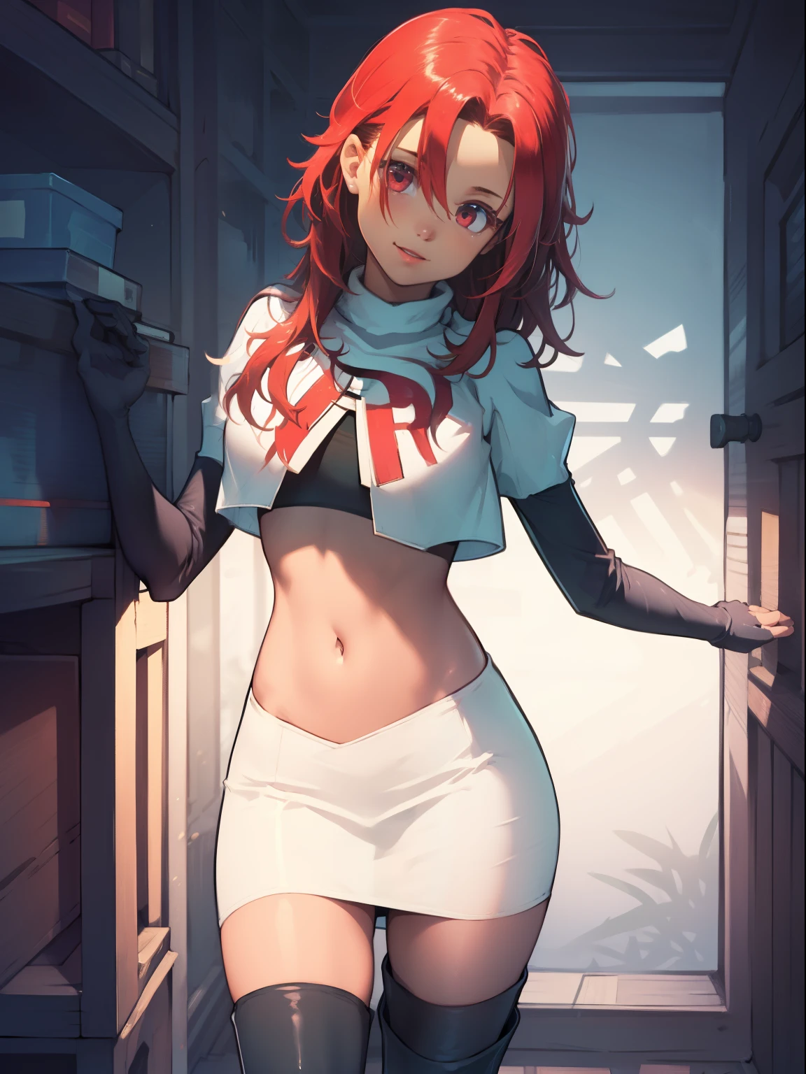 defHapi, team rocket, team rocket uniform, red letter R, white skirt, white crop top, black thigh-high boots, black elbow gloves, looking at viewer,