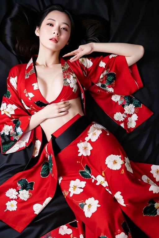 Lie down on a place with a black background Kimono with red floral pattern naked woman full bodyesbian