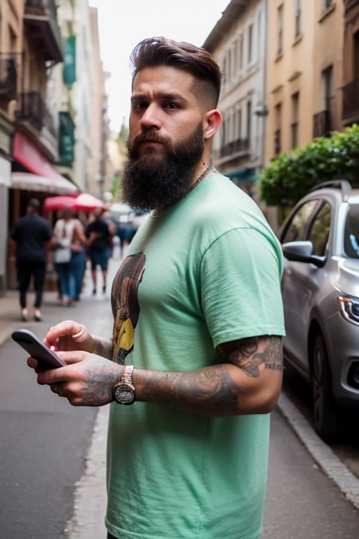 Cria um homem com tema 3D Disney/Pixar aos 34 anos com barba, medium brown hair like green eyes , with an iPhone 15 in his hand with street background and with tattoos