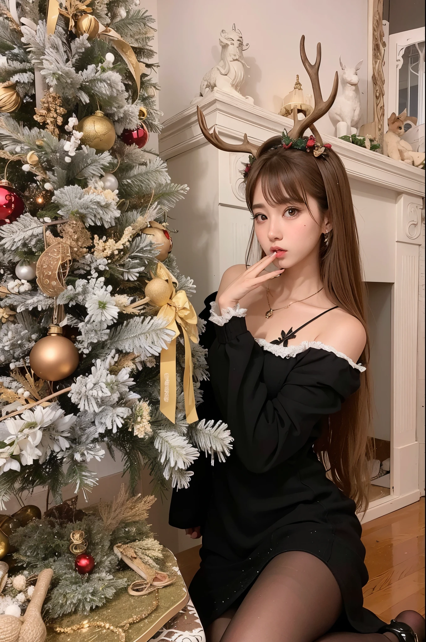 There is a woman sitting next to a Christmas tree with a deer head, ulzzang, ✨🕌🌙, Lalisa Manobal, Hermosa Delphine, Sakimichan, 8k)), Tendencias en CGVatstation, Tendencias en CGVeStation, 🍁 Lindo, Foto de perfil, young and Lindo girl, ruan Lindo vtuber