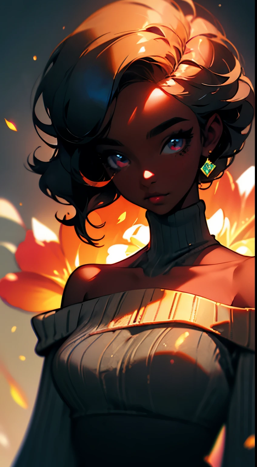 Upper body shot, ((beautiful black woman with flawless dark skin)), long hair with bright gradient glow under hair, clearly defined facial features, big detailed eyes, ((( wearing an off the shoulder sweater))) glowing flowers in the background, masterpiece, best high quality image,96k, uhd, depth of field, 1080P wallpaper, spotlight, character focus, high quality, insanely detailed, UHD picture quality in the style of Amy Sol