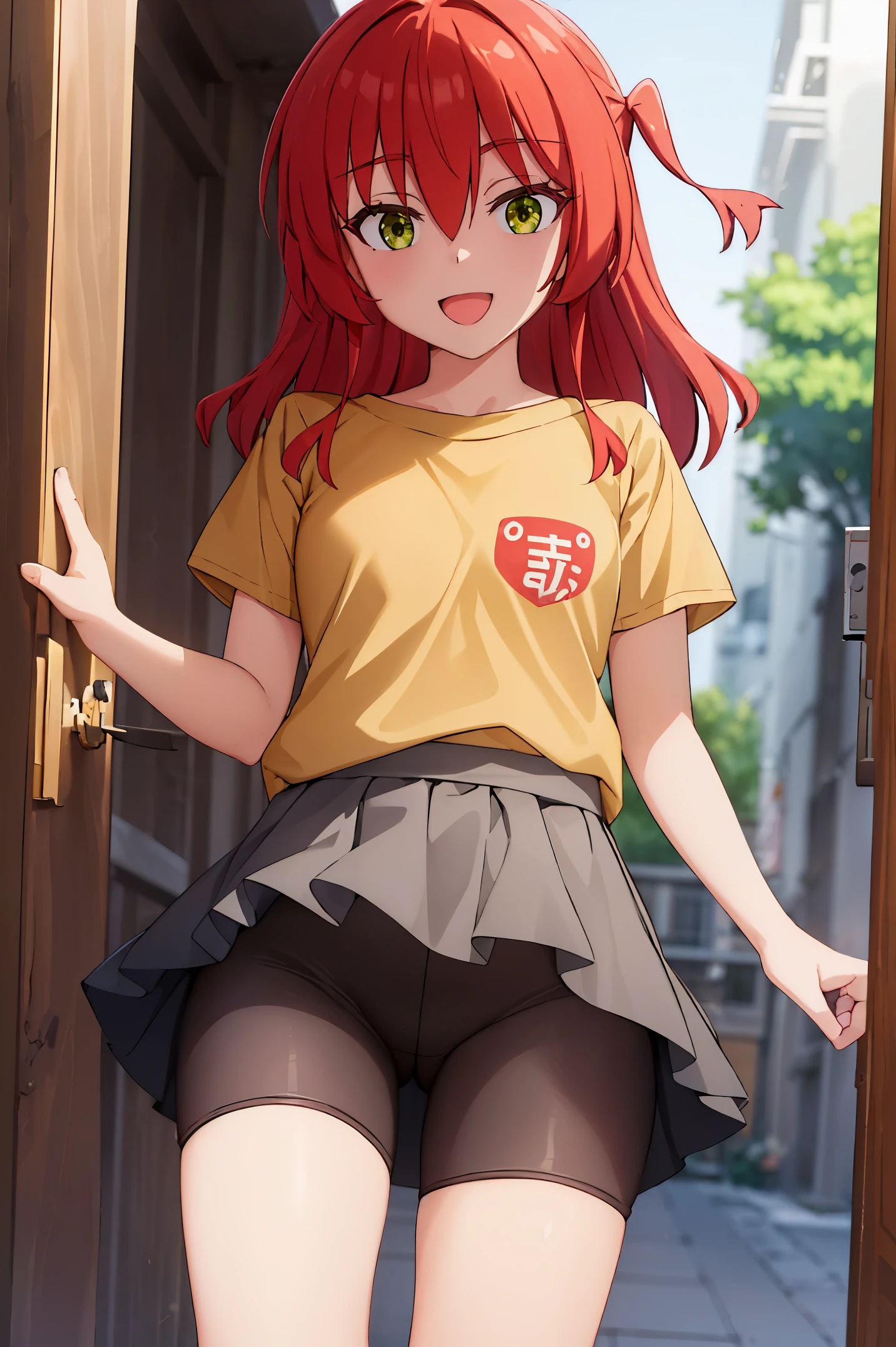 Room, 1 girl, best quality, ultra high res, long hair, red hair, green eyes, looking at viewers, small breast, standing, pov, slim body, li body, small body, smile, open mouth, yellow shirt, short sleeves, bike shorts,