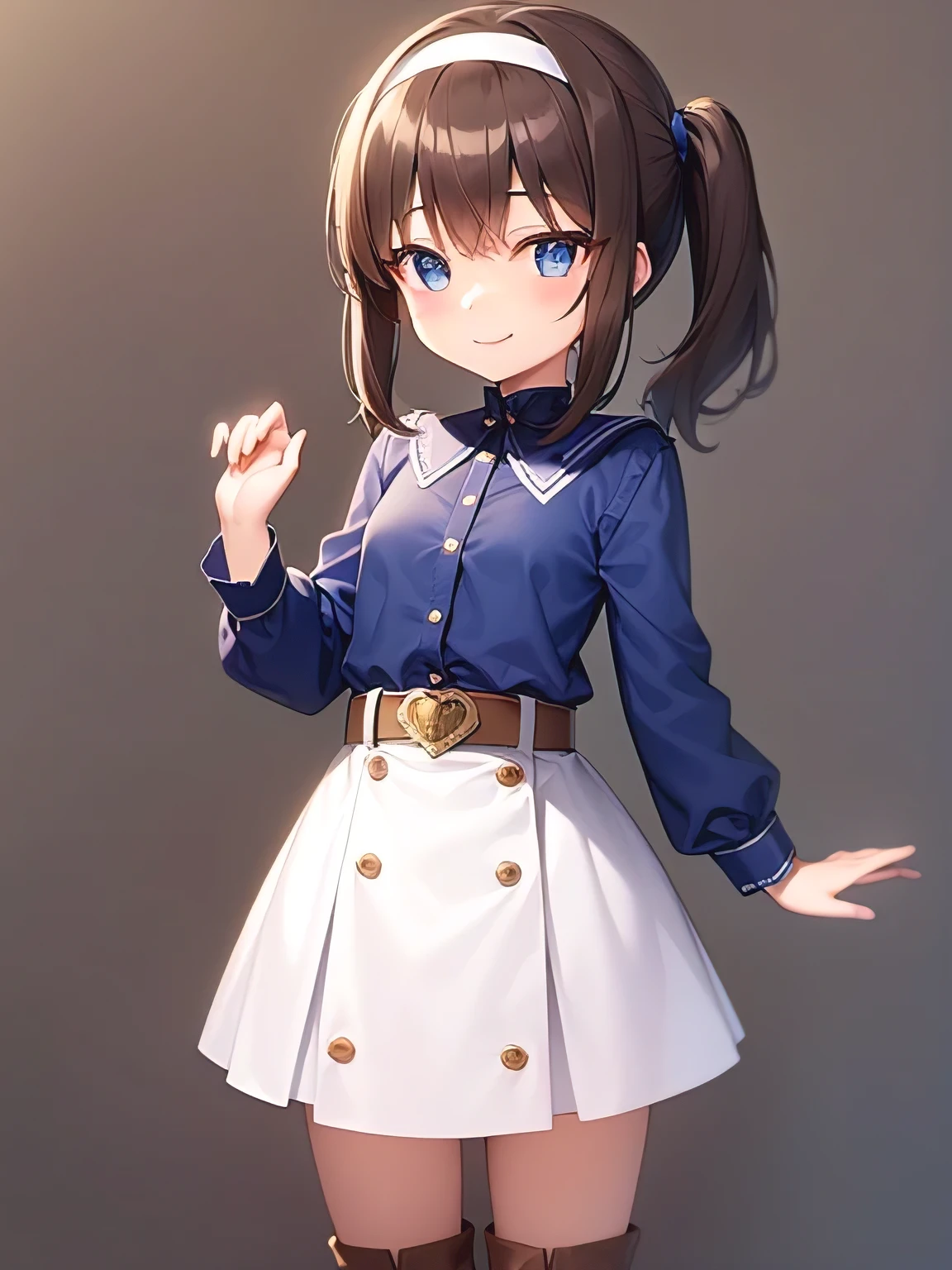 top-quality、extremely delicate and beautiful、Teen Girls、small tits、((((Solo Girl))))、11years old girl、(dark brown hair)、Blue clothes with vertical buttons、Belt at waist、White skirt、((poneyTail))、(white hairband)、(Brown boots)、blue eyess、is standing、A smile、