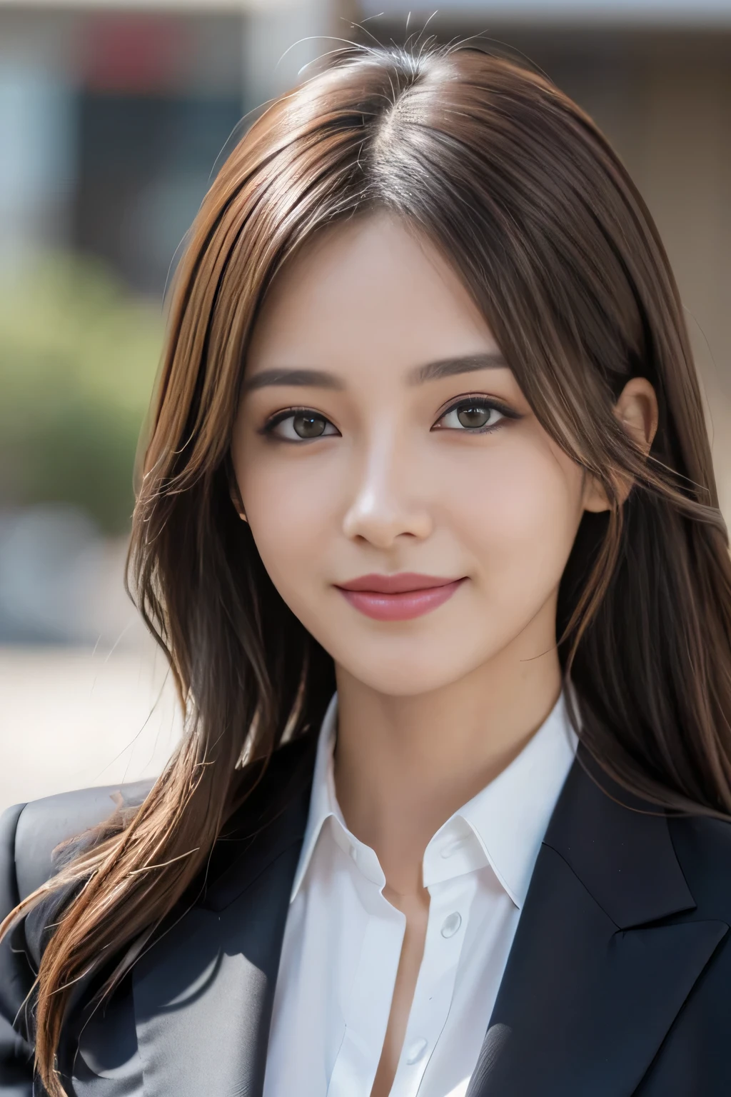 masutepiece, Best Quality, Photorealistic, Ultra-detailed, finely detail, High resolution, 8K Wallpaper, 1 beautiful woman,, light brown messy hair, in a business suit, foco nítido, Perfect dynamic composition, Beautiful detailed eyes, detailed hairs, Detailed realistic skin texture, Smiling, Close-up portrait, Model body type