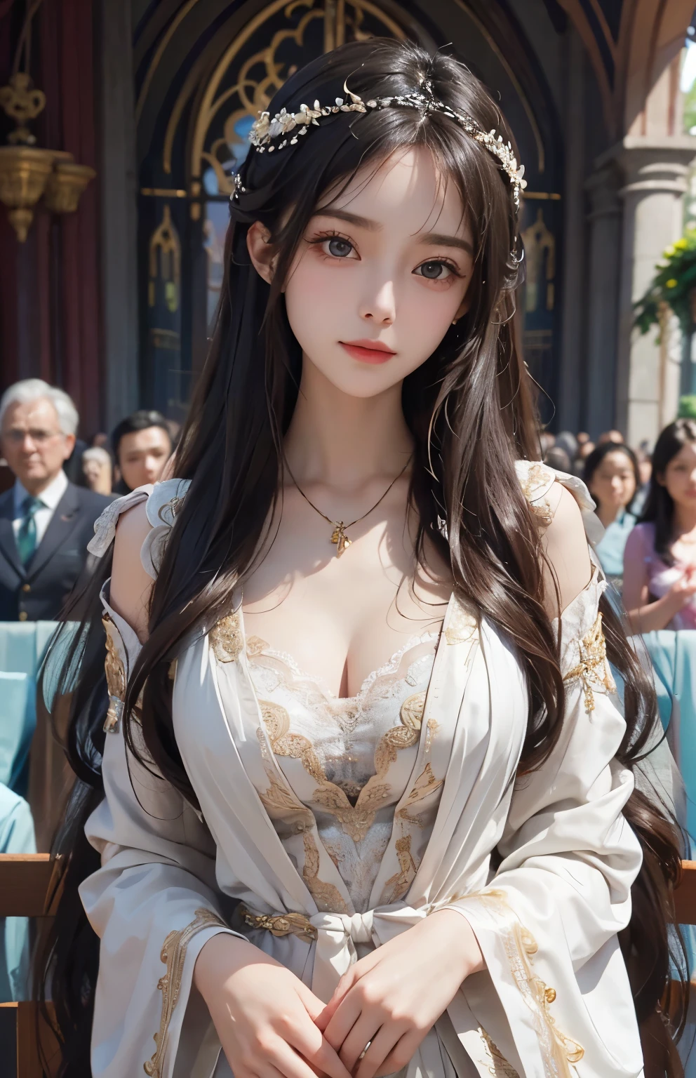 8k RAW photo、Photorealsitic、Film grain noise、Soft Cinematic Lights、One girl、A slender、Fine detailed face、length hair、Enough boo beautiful hair ornament、Beautiful necklaces、耳环、Graceful pose、Ornate and elaborately decorated costumes、cleavage of the breast、ssmile、At the church