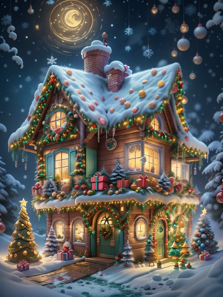 (tmasterpiece),（ultra - detailed:1.3），Best quality，（Sparkling:1.2），（Christmas courtyard in a dreamy fairy tale:1.4），(Van Gogh style door Christmas decorationlower ring: 1.7),（The moon is empty），((Delicious sweets，Christmas tree, gifts, Christmas stockings, cute gingerbread man，chocolate house splash)), Illustration style, and decorations, Fantasy Christmas Garden, Lovely design style, natta，snow field，moon full，vivd colour、 ((Whimsical and charming fantasy)), Surreal portrait, (Fantasy themed Christmas cabin), (Whimsical Christmas Accessories), (Colorful, Landscape full of candy), (enchanting, 神奇的Christmas tree), (A vibrant one, Candy-colored courtyard), (Candy Road), (Candy Cottage) in distance, (Like a mirror, 不对称tmasterpiece钟表配件), (Rich, fantasticcolors), (Twinkling stars) Elevated, (four dimensional dream), (Charming and charming atmosphere), (Playful composition), (Vivid lighting effects), 1.4x more realism，hyper HD，Shown in this beautiful scene，（Very meticulous，Reasonable design，Clear lines，High- sharpness，tmasterpiece，offcial art，movie light effect，8K)