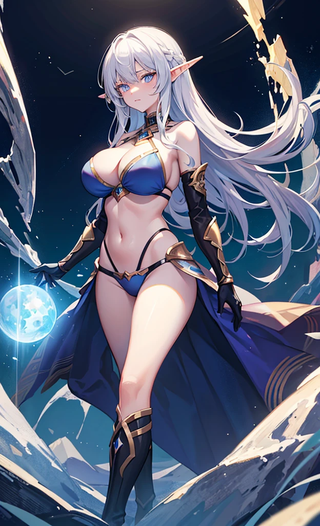 the hair，Nice face，blue bikini armor，Heterochromatic pupil，fully body photo，half moon，under moonlight，(tmasterpiece:1.1),(Best quality:1.1),(HighDynamicRange:1),ambient light,Super girl, mystical elf, looking into crystal ball, holding mysteries, showing a microcosm space, stars, unique, huge breasts, cleavage, candlelight, dark background, atmosphere of mystery, smoke, subtle multicolored lighting,