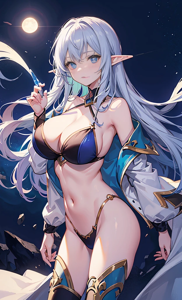 the hair，Nice face，blue bikini armor，Heterochromatic pupil，fully body photo，half moon，under moonlight，(tmasterpiece:1.1),(Best quality:1.1),(HighDynamicRange:1),ambient light,Super girl, mystical elf, looking into crystal ball, holding mysteries, showing a microcosm space, stars, unique, huge breasts, cleavage, candlelight, dark background, atmosphere of mystery, smoke, subtle multicolored lighting,