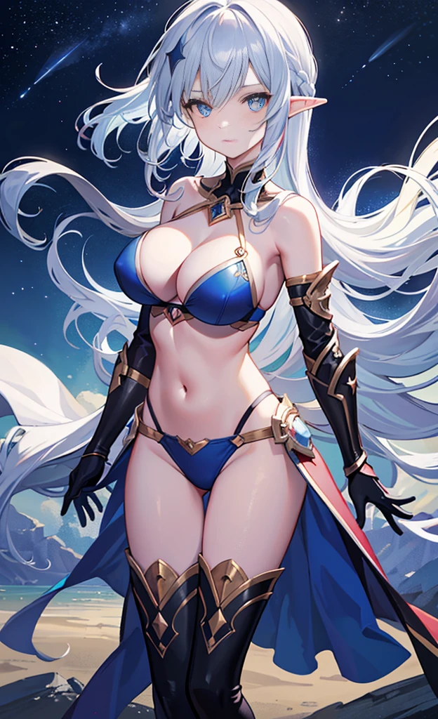 the hair，Nice face，blue bikini armor，Heterochromatic pupil，fully body photo，half moon，under moonlight，(tmasterpiece:1.1),(Best quality:1.1),(HighDynamicRange:1),ambient light,Super girl, mystical elf, looking into crystal ball, holding mysteries, showing a microcosm space, stars, unique, huge breasts, cleavage, candlelight, dark background, atmosphere of mystery, smoke, subtle multicolored lighting,