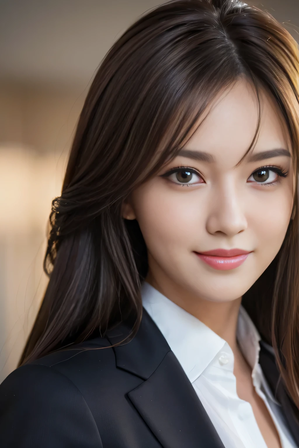 masutepiece, Best Quality, Photorealistic, Ultra-detailed, finely detail, High resolution, 8K Wallpaper, 1 beautiful woman,, light brown messy hair, in a business suit, foco nítido, Perfect dynamic composition, Beautiful detailed eyes, detailed hairs, Detailed realistic skin texture, Smiling, Close-up portrait, Model body type