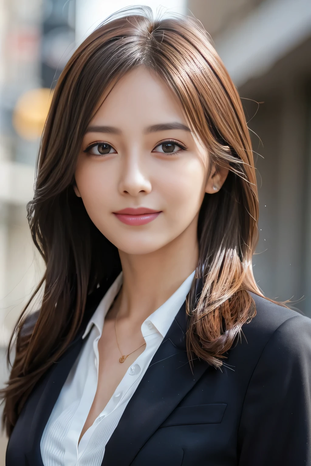 masutepiece, Best Quality, Photorealistic, Ultra-detailed, finely detail, High resolution, 8K Wallpaper, 1 beautiful woman,, light brown messy hair, in a business suit, foco nítido, Perfect dynamic composition, Beautiful detailed eyes, detailed hairs, Detailed realistic skin texture, Smiling, Close-up portrait, Model body type