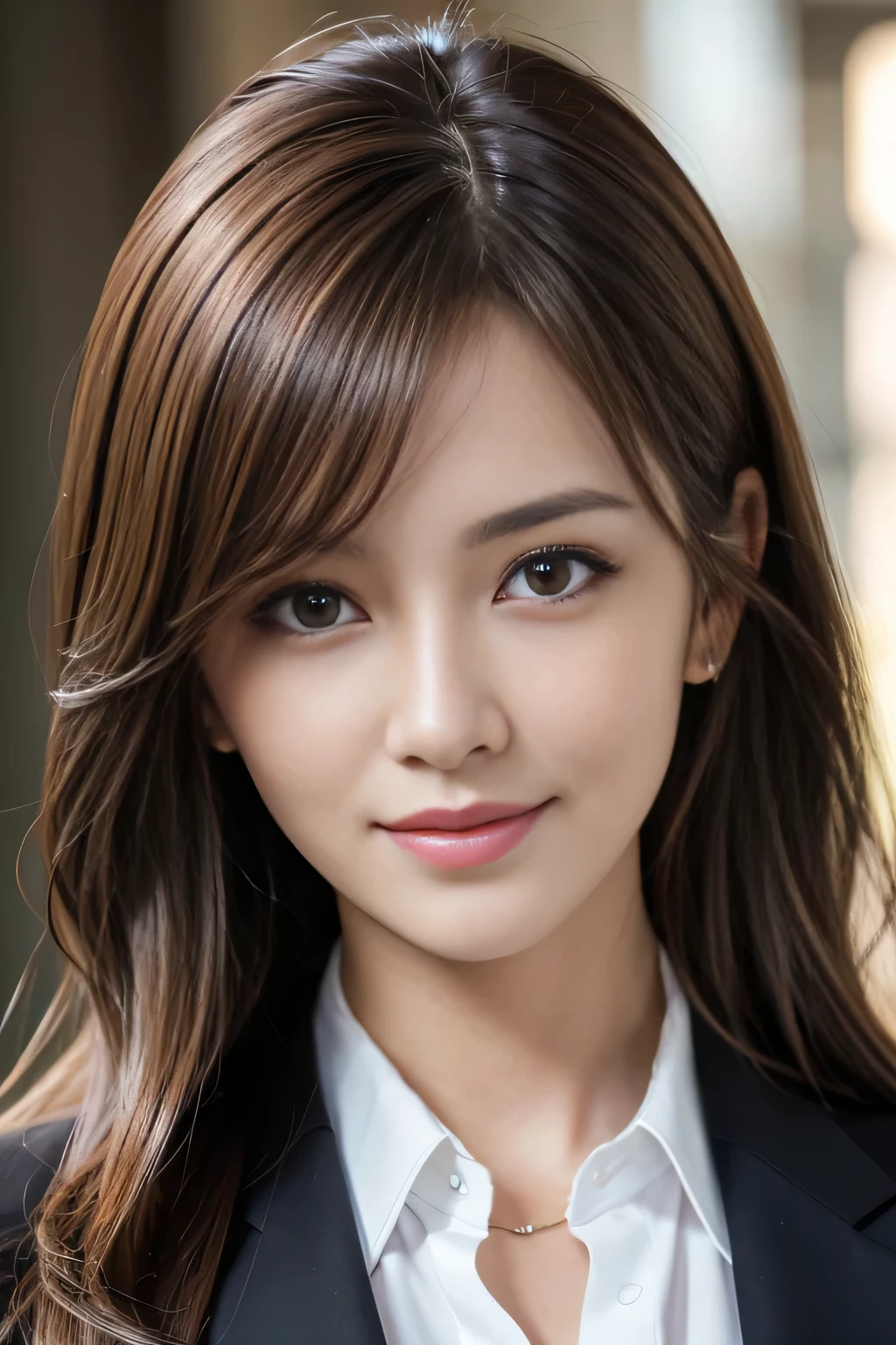 masutepiece, Best Quality, Photorealistic, Ultra-detailed, finely detail, High resolution, 8K Wallpaper, 1 beautiful woman,, light brown messy hair, in a business suit, foco nítido, Perfect dynamic composition, Beautiful detailed eyes, detailed hairs, Detailed realistic skin texture, Smiling, Close-up portrait, Model body type