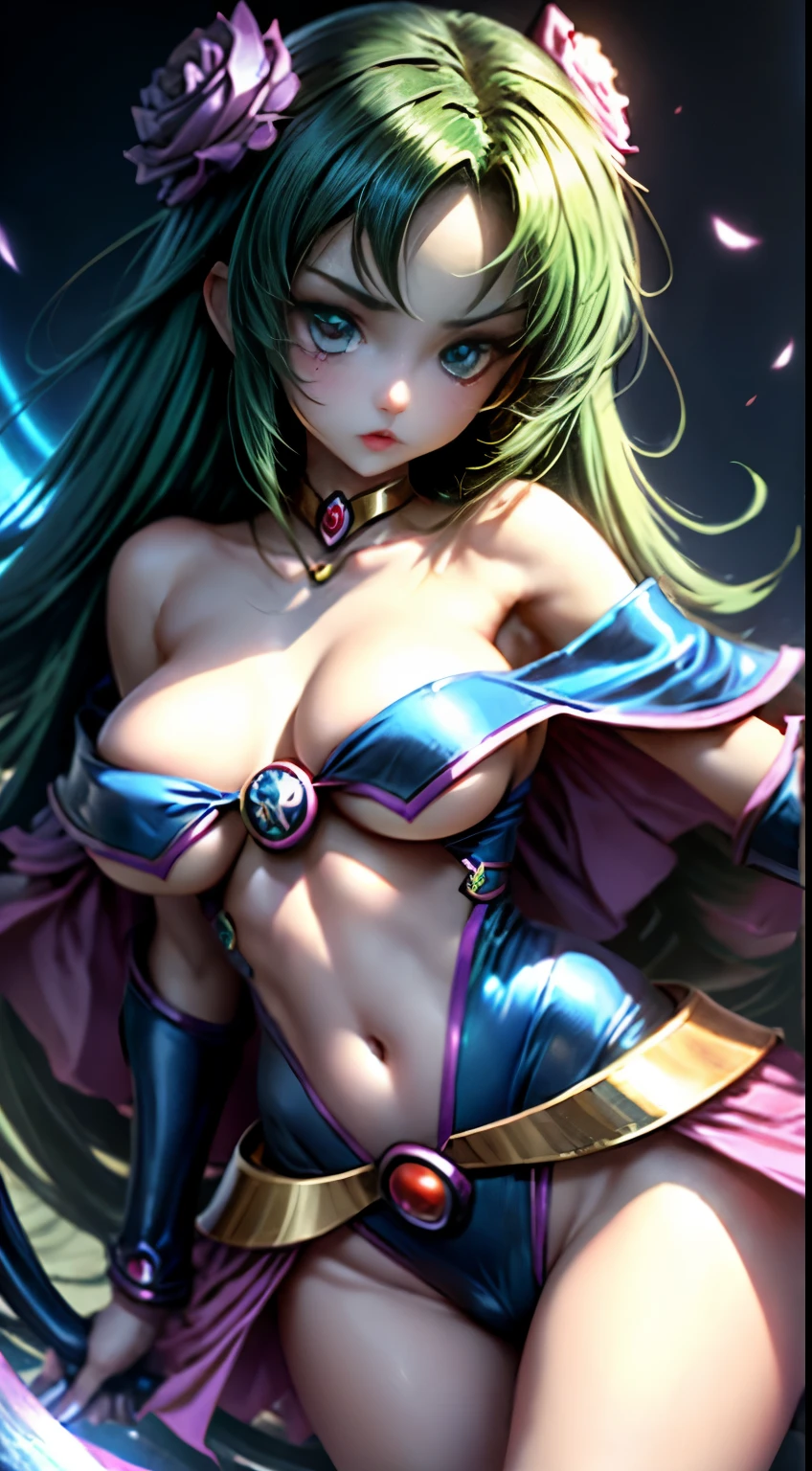 Hermosa joven dark magician gils con cabello rubio y ojos verdes、Anime style、small boobs. Pose sujestiva y . Cara de inocencia cuerpo de pecado. Fondo de magia. Circulos magicos.