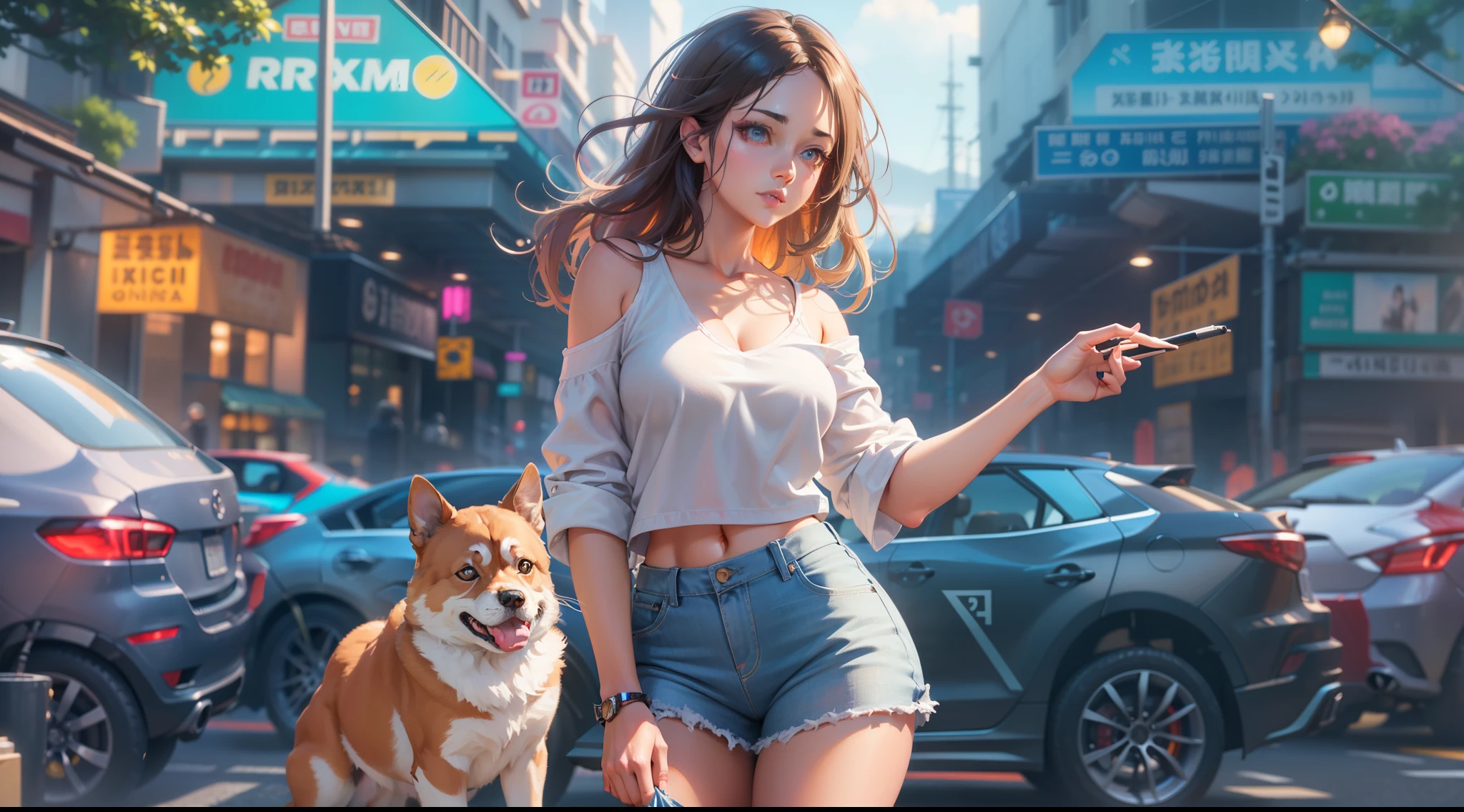 full body portrait of a photo realistic beautiful girl, 1 girl, facing forward, waifu, flowing hair, short modern summer clothing, big beautiful flirtateous open eyes, standing straight, cinematic lighting, vibrant city, highly detailed, digital painting, trending on artstation, pixiv, concept art, sharp focus, illustration, art by ross tran and wlop, Glowing eyes, Best quality, good lighting, large breasts with cleavage, seductive face, Masterpiece, highres,sharp focus,(ultra detailed,extremely detailed),(photorealistic artwork:1.37),(extremely detailed CG unity 8k wallpaper),(((vibrant colors,vibrant theme))),(intricate),(masterpiece),(best quality), girl is playing with a cute small dog