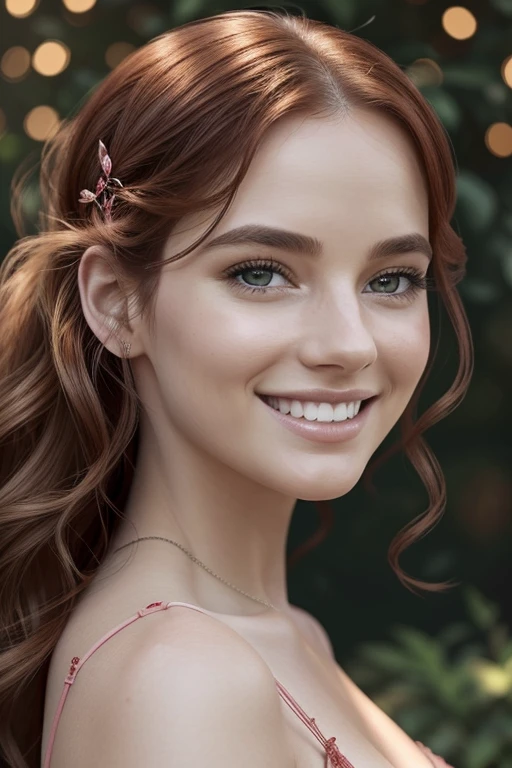 (best quality,realistic,photorealistic:1.37),(vivid colors:1.1)beautiful detailed eyes,beautiful detailed lips,extremely detailed eyes and face,long red curly hair,(medium:1.1)portrait art,(highresolution:1.2)soft skin,glowing complexion,wavy locks flowing in the wind,stylish and elegant,(bright natural sunlight:1.1),lush green garden scenery,(soft pastel color palette:1.1),(dreamy atmosphere:1.1),subtle warm lighting,serene expression,(charming smile:1.1),confident posture, (dainty red ribbon:0.9)adorning the hair,graceful movement.magic and femininity combined,artistic interpretation of beauty and hair care,women empowerment and self-expression through personal style.