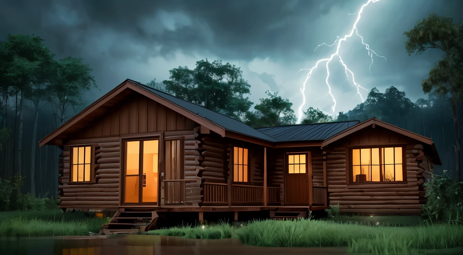 imagem de uma tempestade na floresta estilo 3d pixar, with lightning and thunder, clouded skies, a cabin with lit windows in the middle of the forest surrounded by rain-soaked vegetation